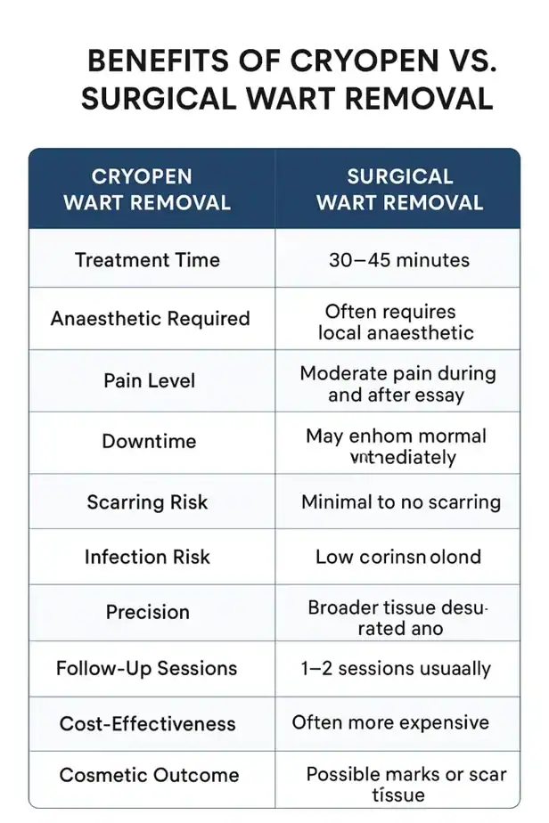 Table showing the benefits of cryopen to remove warts Lincoln compared to surgical treatment